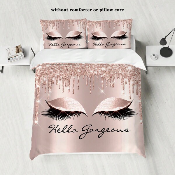 3 pièces Set de couette imprimé de motif de cils roses 3 pièces, design personnalisé, plusieurs tailles au choix, chaud, confortable, respirant, peau amicale, convient pour chambre à coucher, chambre d'hôtes, homestay et autres scènes, convient pour femmes (1 couette + 2 taies d'oreiller, sans rembourrage)
