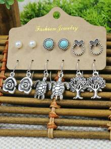 TopHanqi Juego de aretes colgantes de estilo vintage-geométrico con colgante hueco, decorado con turquesa y pedrería, para mujeres, elemento bohemio, para cuatro temporadas