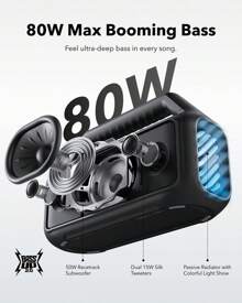Soundcore Boom 2 Outdoor Speaker, 80W, Bluetooth Speaker, Subwoofer, BassUp 2.0, 24H Playtime, IPX7 Waterproof, Floatable, RGB Lights, USB-C, Custom EQ, Bluetooth 5.3, Portable For Outdoors, Camping, Beach - 黑色 - 查看 2