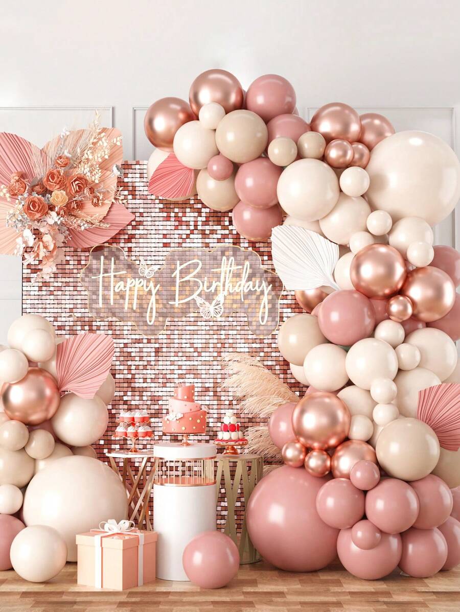 98pcs Retro Pink Balloon Chain Set & 2pcs Balloon Accessory, Balloon Set Perfect For Retro Style Women's Birthday Party Wall Background, Decorative Balloon Arch Kit,Christmas - Baby Pink - View 1