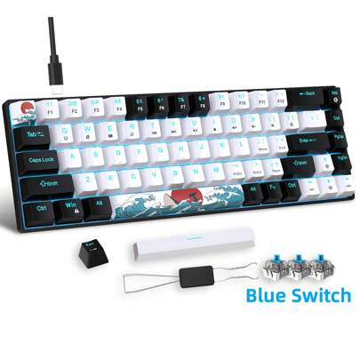 Mechanical Gaming Keyboard - Ice Blue LED Backlit 60% Ultra-Slim USB Keyboard With Blue Switches For PC, Windows, And Laptop - 68 Keys For Fast And Accurate TypingFor Windows Laptop PC For  Gift For Birthday/Easter/President's Day/Boy/Girlfriends