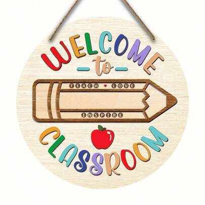 1pc, Welcome To Classroom, Teacher Welcome Sign, Wooden Welcome Sign, Round Wooden Teacher Sign, Wooden Teacher Door Sign, Round Wooden Hanging Wall Art, Holiday Decoration, Teacher Gifts, Return School Gifts,Home Decor ,Room Decor,Wall Decor Birthday Graduation School Decor School Surprise Dormitory Decor Back To School School Supplies