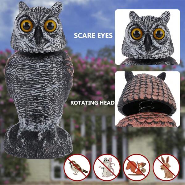 Espantapájaros de búho falso, escultura con cabeza giratoria de plástico, disuasor de aves de búho, repelente de plagas enemigo natural con cuernos para exteriores/jardín/patio
