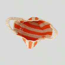 女士手工编织草编条纹包、刺绣字母包、单肩海滩度假手提包、拼色手提包 - 橘色 - 查看 10