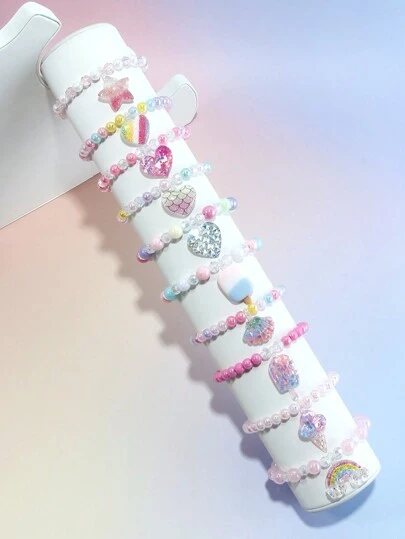 Bộ 10 chiếc vòng tay hạt cườm nhiều màu hình trái tim, cầu vồng, hoạt hình dành cho bé gái, thích hợp cho tiệc tùng ngày lễ, quà tặng sinh nhật, màu sắc ngẫu nhiên