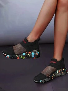 Women's Breathable Mesh Lightweight Cushioning Athletic Shoes - Comfortable All-Season Casual Lace-Up Sneakers, Semi-Transparent Stretch Fabric Material And Low-Cut Style - Black - View 2