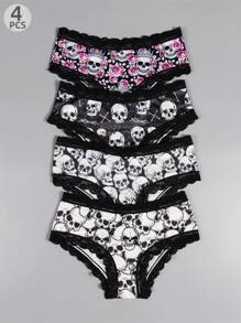 4pcs Women Gothic Contrast Lace Hipster Panties, Halloween Skull Allover Print Intimates Panties, Women's Ladies' Underwear & Lingerie