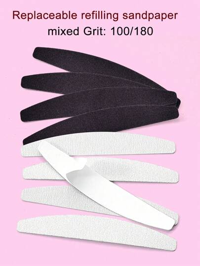 NailShine 20pcs Reusable Grey Zebra Pattern Crescent Nail File Replacement Sandpaper Strip, 100/180 Grit (Please Purchase Stainless Steel Plate Separately)