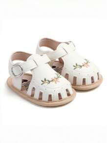Yibubu White Infant Shoes Embroidered Flower Infant Girl Sandals Toddler First Walkers Shoes Girls Vintage Closed Toe Beach Flat Sandals Summer