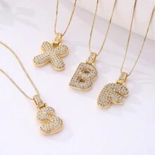 1 pieza Colgante de letra "gorda" de circonita cúbica y cobre micro incrustada con cadena de caja de acero inoxidable, disponible en 26 letras opcional, diseñado para mujeres de todos los días, collar elegante y con estilo - Collar Cadena Letra + Caja - Ver 4