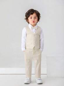 BOARNSEORL 3pcs Young Boys Gentleman Outfit Set: White Shirt With Bowknot, Vest And Pants, Suitable For Birthday Party, Wedding, Holiday And Other Formal Occasions