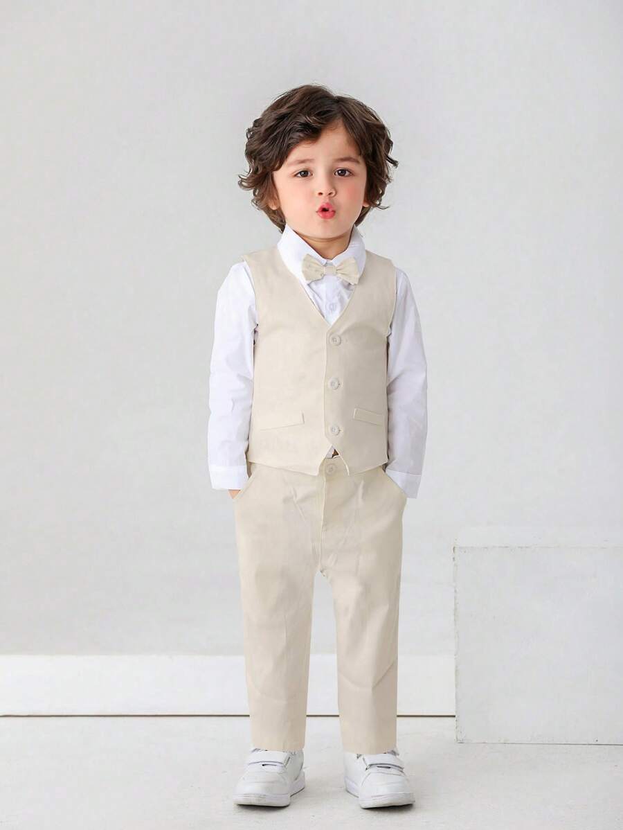 BOARNSEORL 3pcs Young Boys Gentleman Outfit Set: White Shirt With Bowknot, Vest And Pants, Suitable For Birthday Party, Wedding, Holiday And Other Formal Occasions
