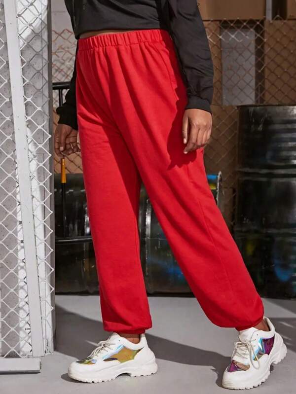 New Style Red Casual Harem Sport Pants, Loose Fit, Elastic Waist, Tapered Ankle