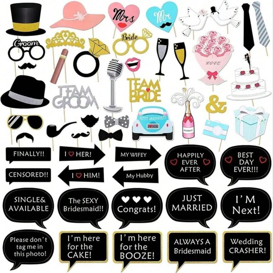 52 件婚礼拍照道具套装，订婚拍照配件，适用于新娘送礼会、婚礼回礼派对装饰、趣味自拍道具、复活节礼物、圣诞节 - 彩色 - 查看 1