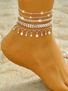 HEI DIAO 5pcs Simple & Fashionable Personalized Exquisite Shiny Multi-Element Chain Combination Stacking Anklet Set For Women & Couples, Suitable For Holiday Gifts, Parties And Daily Wear - Silver - View 2