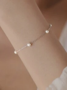 1pc Simple And Elegant Pearl Chain Bracelet, Suitable For Women For Daily, Festival And Party Wear - Silver - View 2