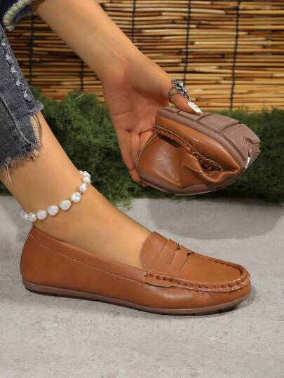 Classic Solid Color Handmade Stitching Decor Loafers, Lightweight Comfortable Casual Fashion Moccasins