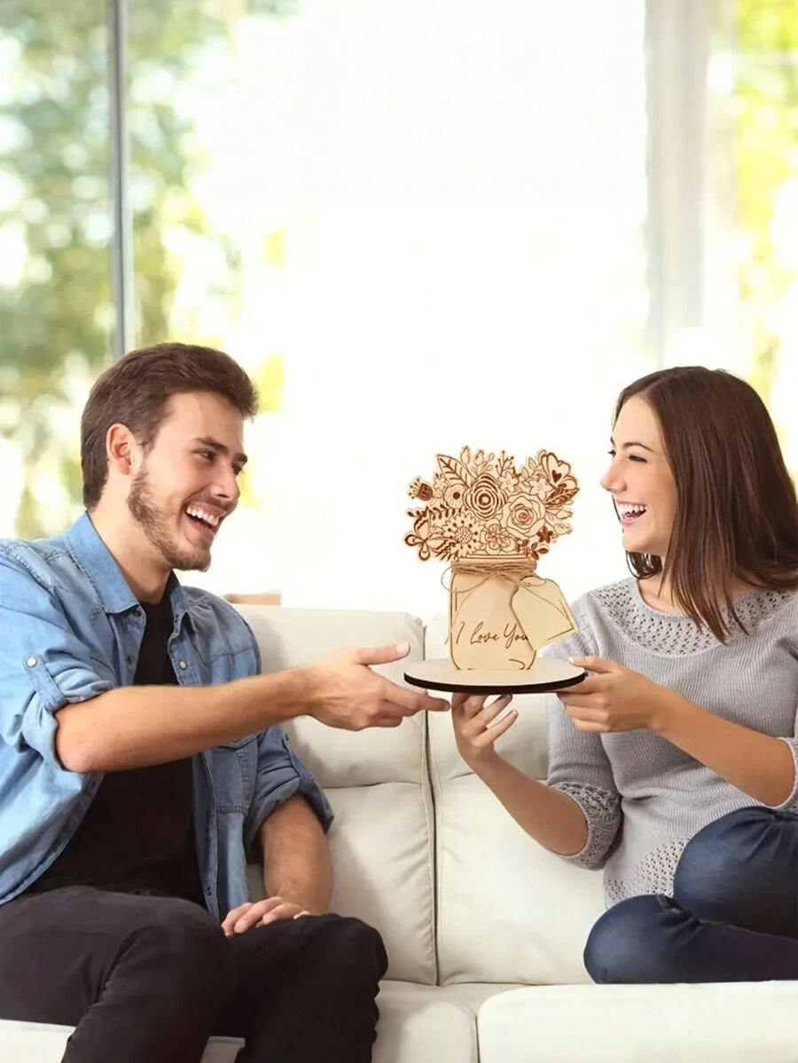 "Heartfelt"優雅木製花束裝飾工藝品 - 表達母親節、妻子、情侶生日和紀念日最好的禮物選擇 - 米色 - 查看 1