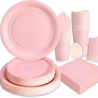 浅粉色一次性盘子和餐巾，一次性纸盘套装适合生日婚礼派对和家庭野餐，包括 24 个盘子和餐巾，圣诞节