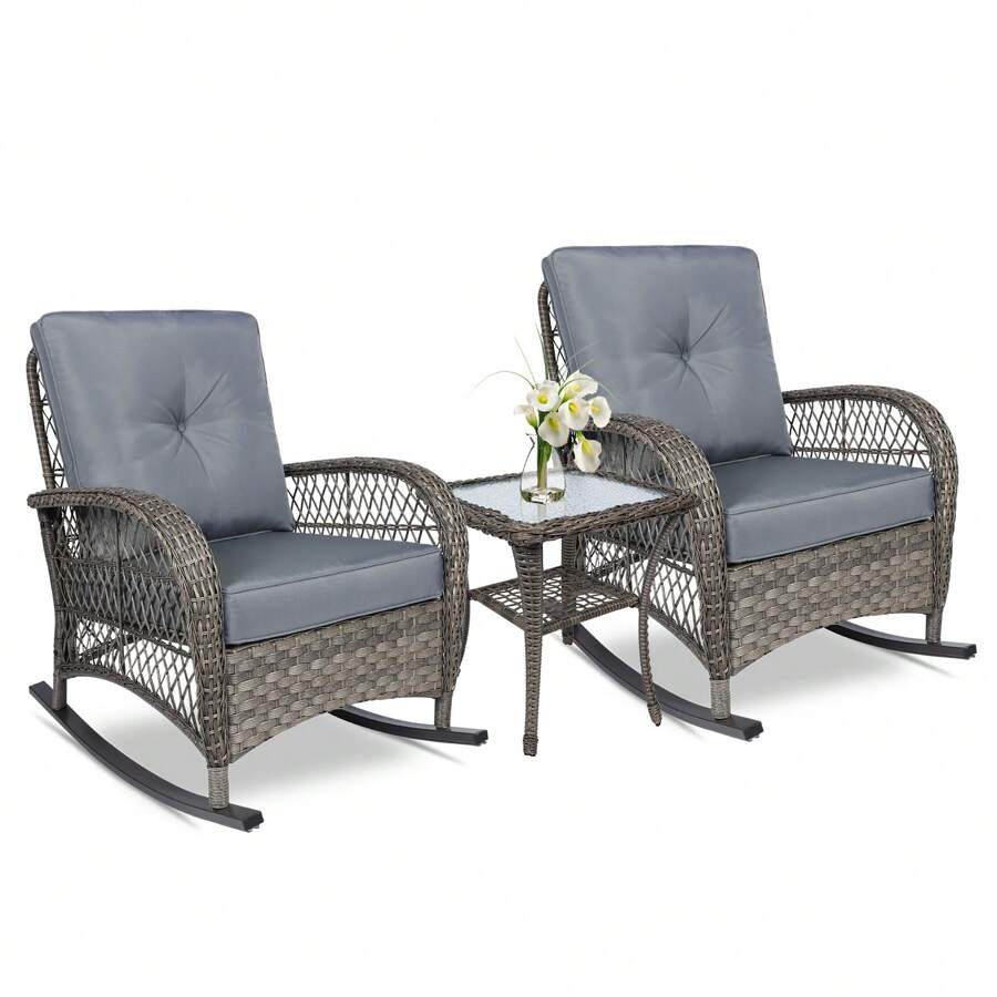 VIVIJASON 3-Piece Outdoor Conversation Bistro Set, Patio Wicker Rocking Chairs Rattan Furniture Sets W/ 2 Rattan Chairs, Cushions, Glass Top Side Table For Garden Porch Backyard - Xám - Xem 1
