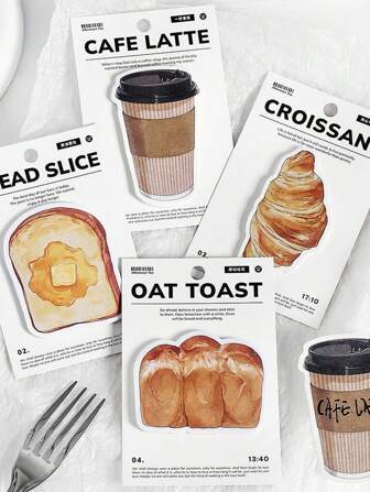 30pcs/Pack Cute Cartoon Bread And Coffee Design Creative Sticky Notes For Journaling And Memo, Stationery Back To School
