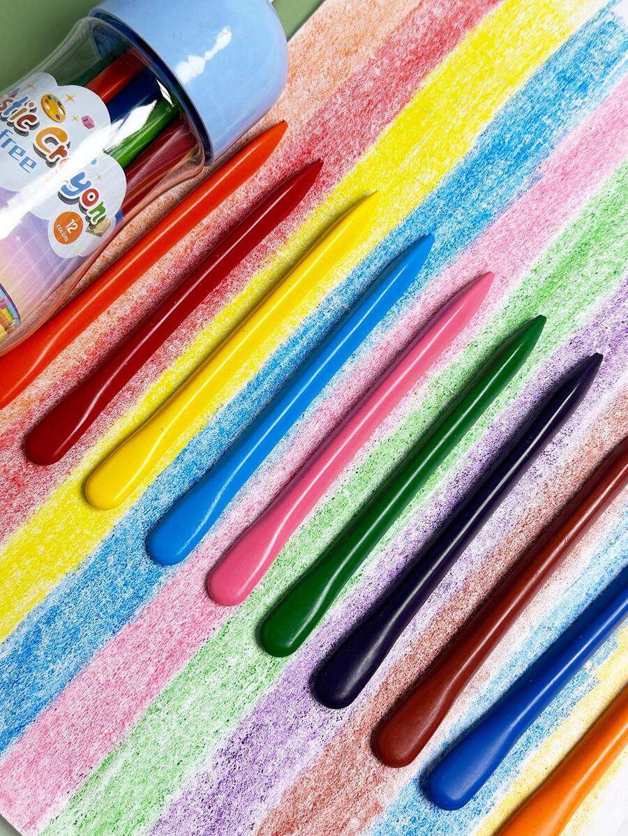 12 Color Creative Cute Blue Bottle Triangle Plastic Crayon With Bright