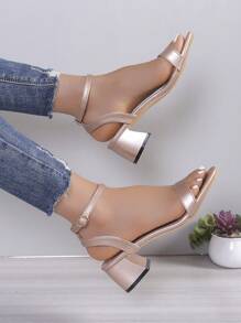 2024 New Style Women's High-Heeled Sandals, Summer Fashionable Shoes With Square Toe And Ankle Strap Buckle, Elegant Champagne-Colored Wide Band Chunky Heels For Parties