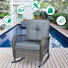 VIVIJASON 3-Piece Outdoor Conversation Bistro Set, Patio Wicker Rocking Chairs Rattan Furniture Sets W/ 2 Rattan Chairs, Cushions, Glass Top Side Table For Garden Porch Backyard - Xám - Xem 4