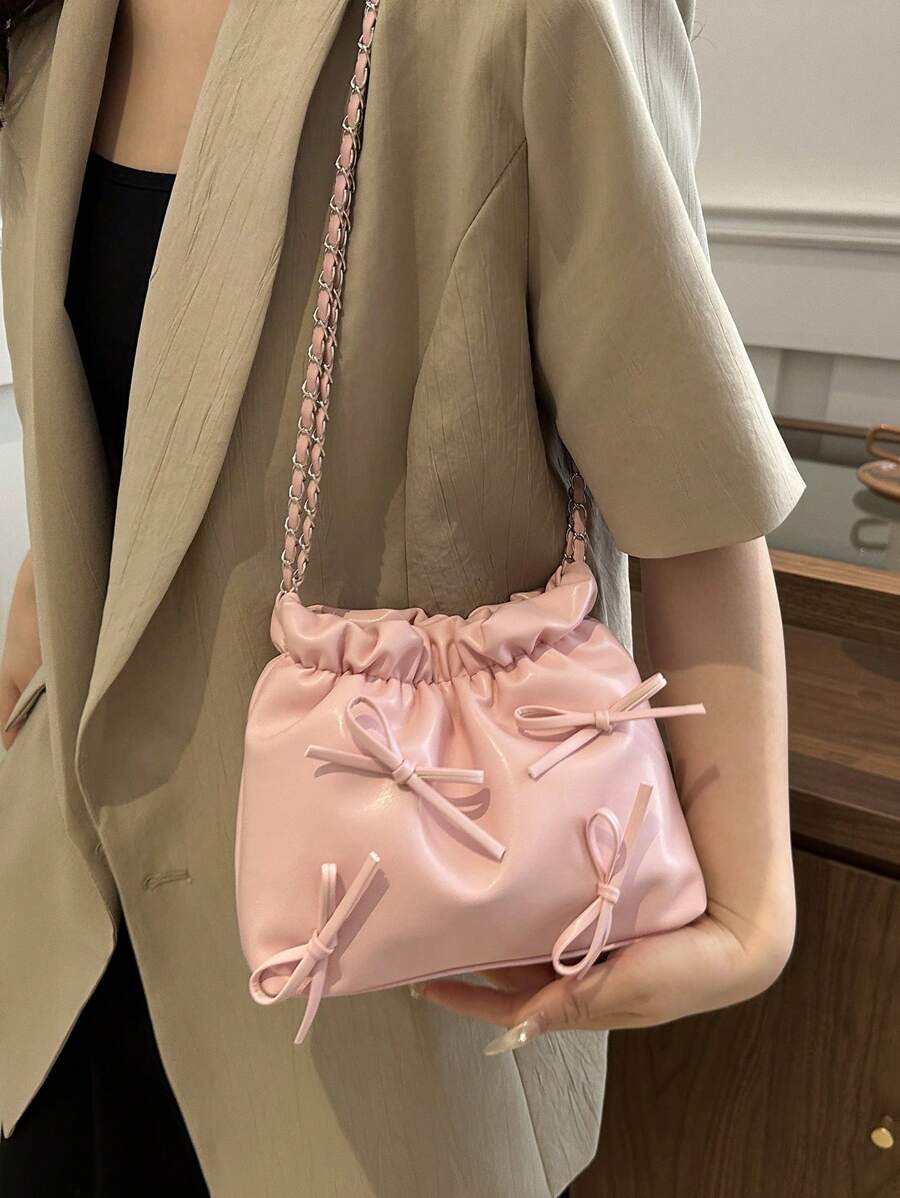 1个纯色蝴蝶结装饰PU皮革女士单肩包，时尚敞口手提包，带链条和褶皱设计，适合女性、女孩、学生、旅行、聚会、日常使用 - 粉色 - 查看 1