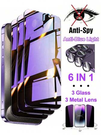 [6 I 1] 3 st. lila skärmglas + 3 st. metalllinser anti-blått ljus sekretessskärmskydd kompatibel med iPhone kompatibel med iPhone 16/16 Plus/16 Pro/16 Pro Max/15/15Pro/15 Plus/15 Pro Max/14/13/12/11 present till födelsedag, familj, vänner härdat glas, anti-spionage, telefonskärmskydd, telefontillbehör vattentätt stötsäkert fallskydd fallskydd reptåligt fingeravtrycksskydd heltäckande