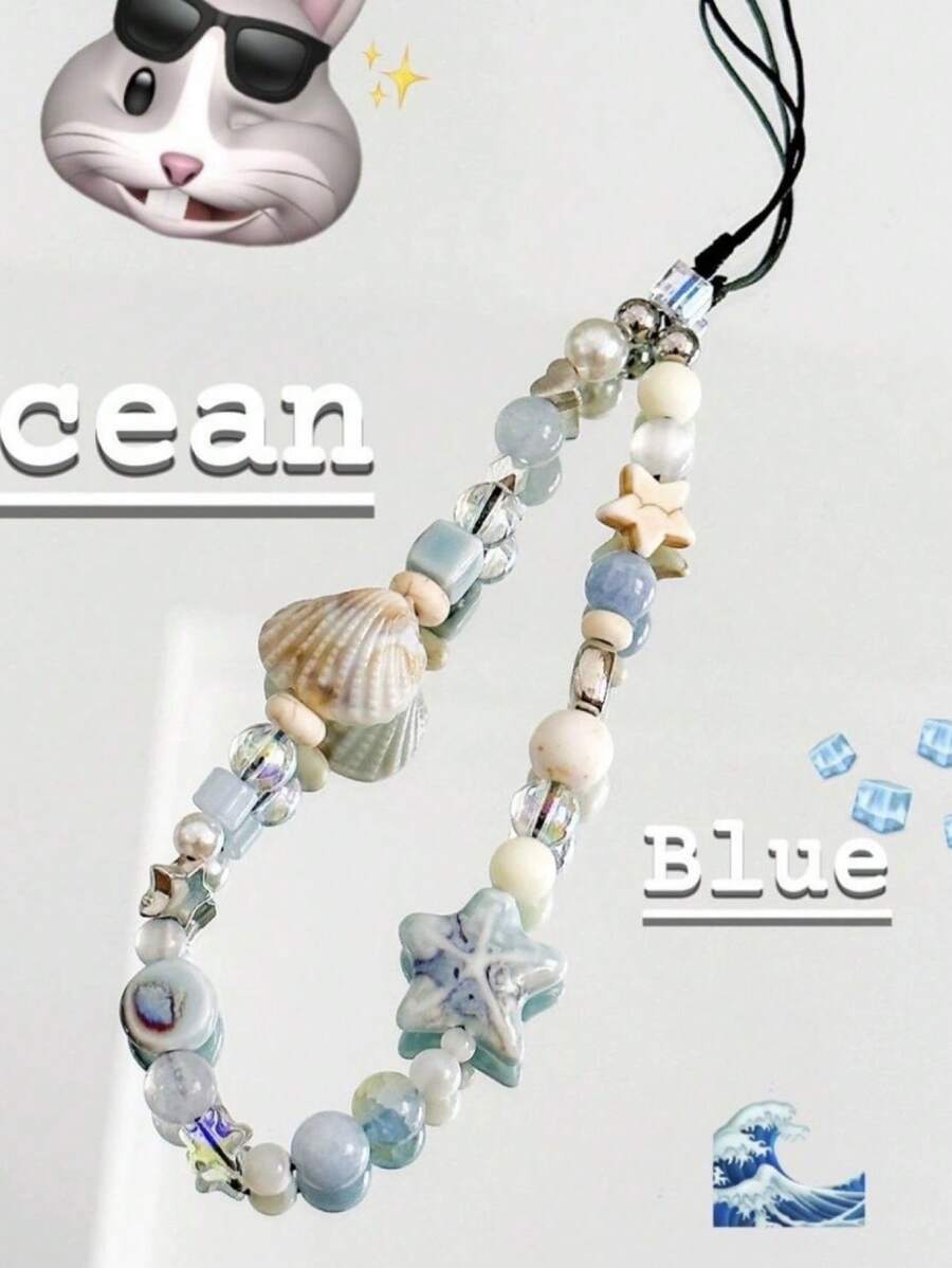 Mermaid Princess & Shell Pendant Phone/ Camera/ Album Charm, Handmade DIY Beaded CCD/ Chain Strap Gifts For Mother, Family, Friends, Birthday, Holiday Phone Charm, Phone Chain - 藍色 - 查看 1