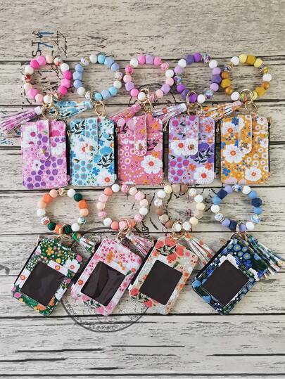 1pc PU Leather Fringe Wallet Silicone Beaded Key Chain Silicone Beaded Bracelet Card Bag Flower Card Bag Purse Key Chain Wrist Bracelet Card Bag Wallet Wristlet Card Holder Wallet Business Card Holder Credit Card Holder Id Card Holder Women For Women Mini Wallet Wallet Keychain Card Wallet