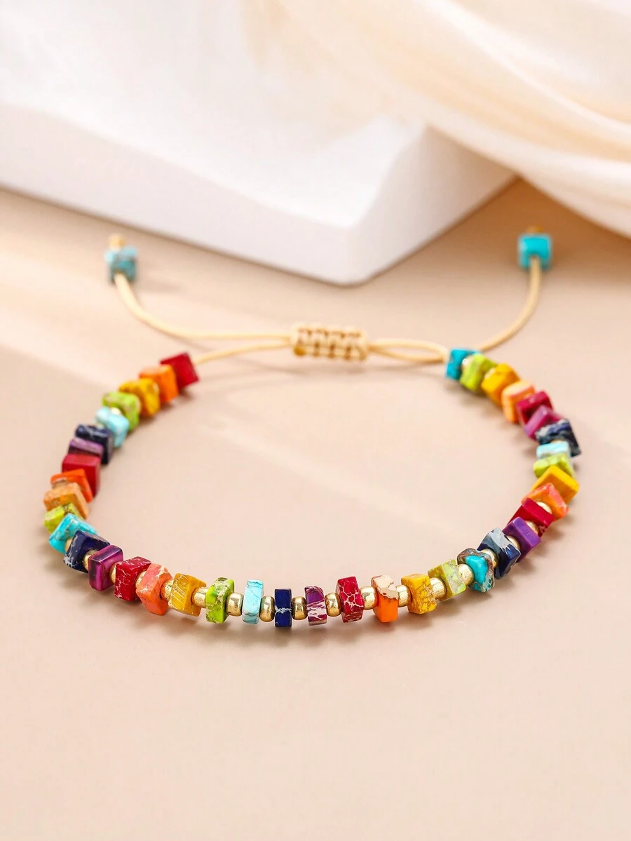 1 pieza Pulsera cuadrada de piedra natural multicolor para mujeres hombres Pulseras de tejido de cuentas joyas boho yoga meditación