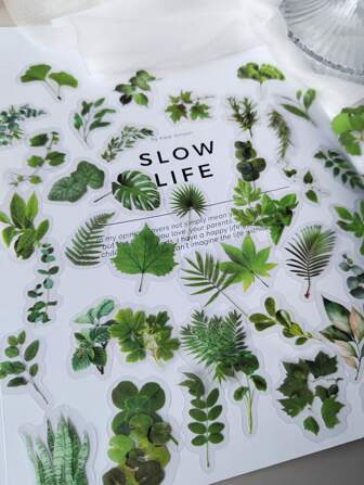 1box/50pcs Mini Green Plant Leaf Decorative PET Stickers Back To School