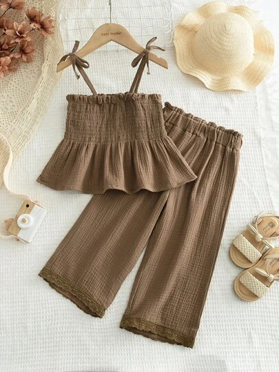 Young Girl Casual Solid Color Camisole Top And Lace Trimmed Long Pants, 2pcs/Set, Summer