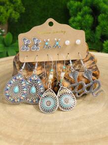TopHanqi Juego de aretes colgantes de estilo vintage-geométrico con colgante hueco, decorado con turquesa y pedrería, para mujeres, elemento bohemio, para cuatro temporadas