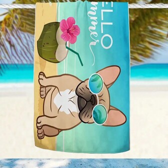 1pc Cartoon Bulldog Patterned Beach Towel, Fiber Beach Towel, Portable And Practical Towel, Soft And Creative, Suitable For Yoga, Sports, Bath, Pool, Sun Protection, Comfortable Beach Blanket, Camping, Outdoor Activities, Travel Towel, Personalized Beach Towel