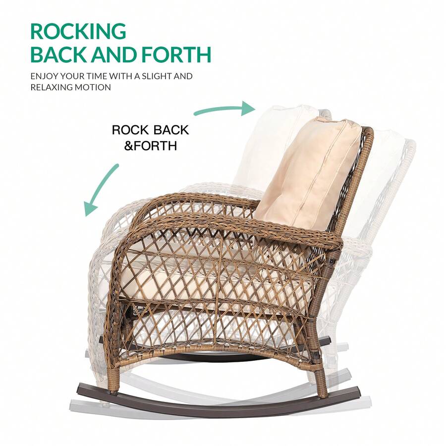 VIVIJASON 2 Piece Patio Wicker Rattan Rocker Chair, Outdoor Rattan Rocker Chair With Cushions