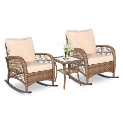VIVIJASON 3-Piece Outdoor Conversation Bistro Set, Patio Wicker Rocking Chairs Rattan Furniture Sets W/ 2 Rattan Chairs, Cushions, Glass Top Side Table For Garden Porch Backyard
