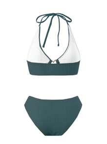 Conjunto de bikini para mujer con parte superior halter y Bottom, para spa y baño, para vacaciones de verano en la playa - Verde Oscuro - Ver 3