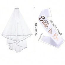 White Bridal Veil With Gold Letters And Diamonds Embellishment - White - View 5