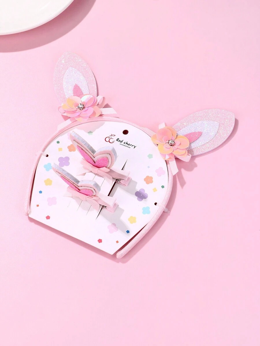 1pc Rabbit Ear Headband + 2pcs Rabbit Ear Alligator Hair Clips, Pink Spiral Ribbon With Flower, Glitter, And Bowknot, Cute Hair Accessories Set For Girls' Daily Wear - Multicolor - View 1