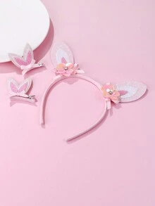 1pc Rabbit Ear Headband + 2pcs Rabbit Ear Alligator Hair Clips, Pink Spiral Ribbon With Flower, Glitter, And Bowknot, Cute Hair Accessories Set For Girls' Daily Wear - Multicolor - View 4