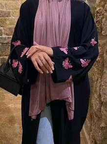 1pc Women's Embroidered Butterfly Cardigan, Solid Color Fashionable Long Coat, Suitable For Parties - Abaya - View 12