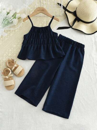 Young Girl 2pcs Solid Color Tank Top And Wide-Leg Pants Set, Summer