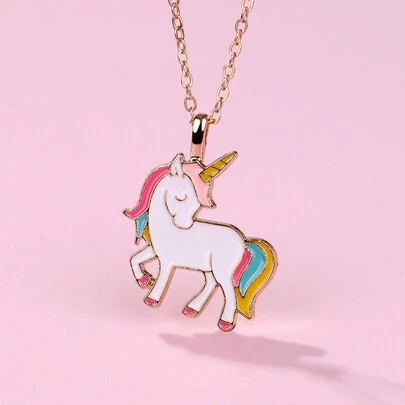 1pc Girls' Animal Unicorn Zinc Alloy Colorful Oil Drop Pendant Necklace, With Gold Chain, Suitable For Daily Wear, Jewelry