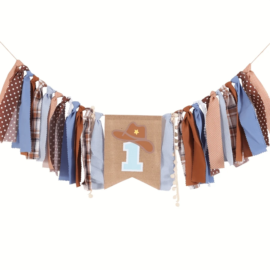 1st Birthday High Chair Banner - Cowboy Rodeo For Party Fabric Decor,Cake Smash Shower,Backdrop Garland For Photo Props,Christmas - Blue - View 1