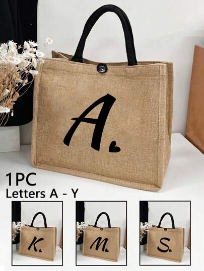 1PC Design Initial Letter Linen Tote Bag, Letter Printed Tote Bag, Personalized Present Bag, Lightweight, Multi-Functional Shopping Bag, Linen Tote Bag, Hand Shopping Bag, Large Capacity, Thank You Gift Idea,Appreciation Gifts,Monogrammed Gifts Bag,Reusable,Teacher Bag,Holiday Shop Bag Educator,Mom Ideal Brides Gifts, Ideal For Shopping,Handbag, For Daily Use,Birthday, Festival, Back To School,Vacation, Beach, Travel, Best Teacher Gifts For Christmas
