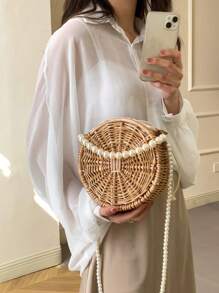 Handmade Woven Rattan Bag, Round Woven Willow Handbag, Gift Basket With Pearl Handle, Can Be Used As A Shoulder Bag, Souvenir Bag, Home Decoration - 玫瑰金 - 查看 2
