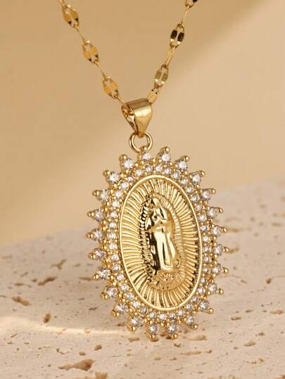 Collar de acero inoxidable con dije de Virgen Maria con circonia cúbica para mujeres, adecuado para bodas, fiestas y uso diario